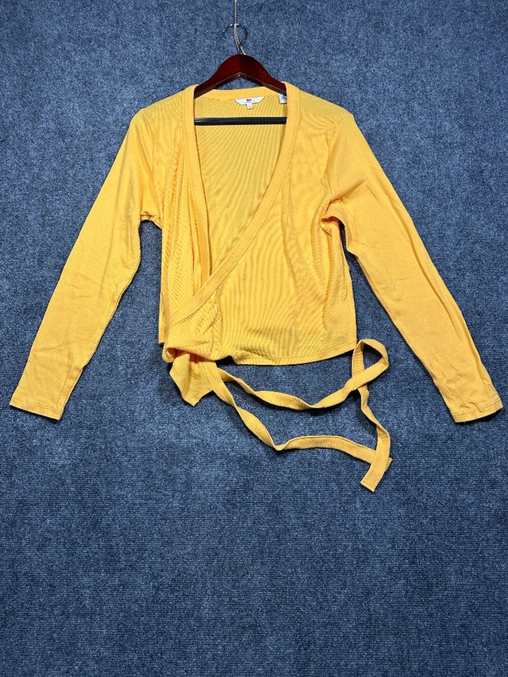 Levis Sweater Womens XL Cardigan Yellow Cotton Stretch Open Tie Hem Long Sleeve
